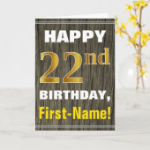 Carte Bold, Faux Wood, Faux Gold 22e anniversaire + Nom (Fleur jaune)