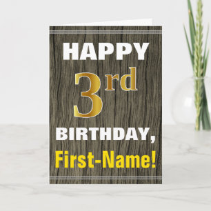 Carte Bold, Faux Wood, Faux Gold 3e anniversaire + nom