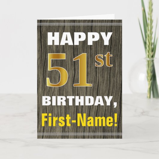 Carte Bold, Faux Wood, Faux Gold 51e anniversaire + Nom (Devant)