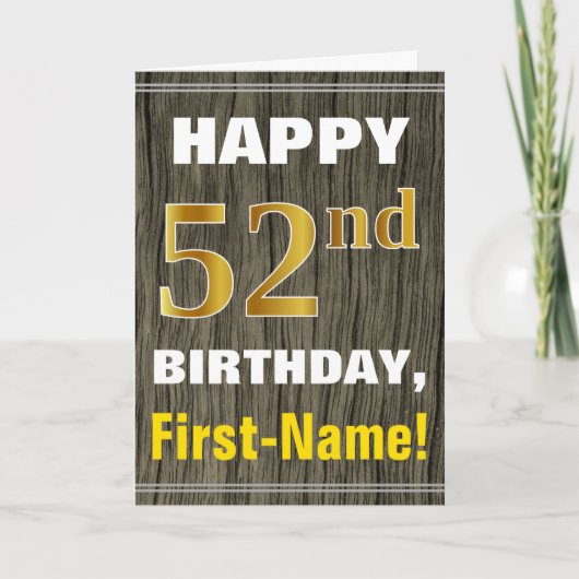 Carte Bold, Faux Wood, Faux Gold 52e anniversaire + Nom (Devant)