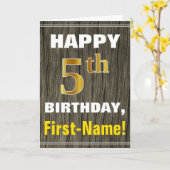 Carte Bold, Faux Wood, Faux Gold 5e anniversaire + Nom (Fleur jaune)