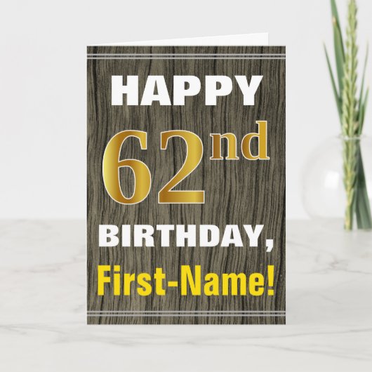 Carte Bold, Faux Wood, Faux Gold 62e anniversaire + Nom (Devant)