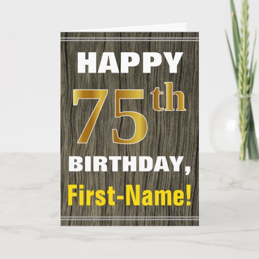 Carte Bold, Faux Wood, Faux Gold 75e anniversaire + Nom (Devant)