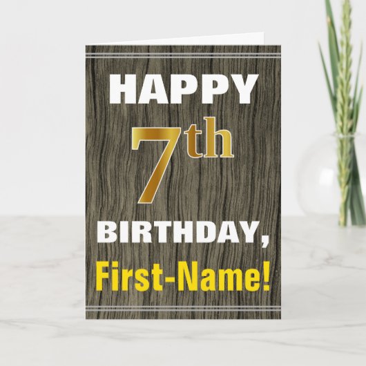 Carte Bold, Faux Wood, Faux Gold 7e anniversaire + Nom (Devant)