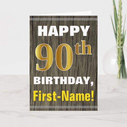 Carte Bold, Faux Wood, Faux Gold 90e Anniversaire + Nom (Devant)