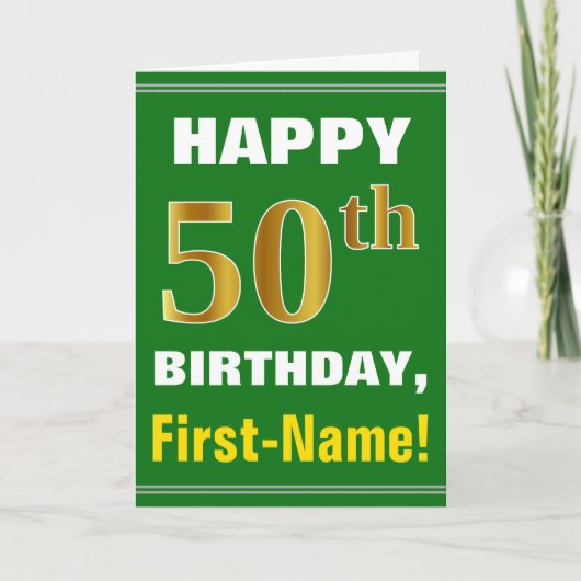 Carte Bold, Green, Faux Gold 50th Birthday w/ Name Card (Devant)
