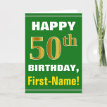 Carte Bold, Green, Faux Gold 50th Birthday w/ Name Card<br><div class="desc">This simple birthday-théed greeting card design features a chaud birthday wish like "HAPPY 50th BIRTHDAY, First-Name!" on the front, in bold text on a green colored background. The birthday number has a faux/imitation gold-like coloring appearance. The name on the front can be customized. The inside features a birthday message that...</div>