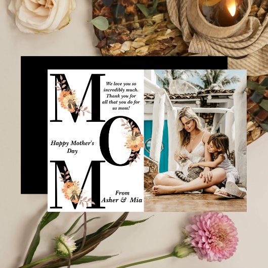 Carte Bold MOM Black Boho Fleurs Photo Fête des Mères