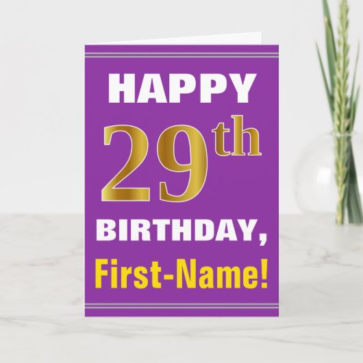 Carte Bold, Purple, Faux Gold 29th Birthday w/ Name Card (Devant)