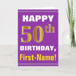 Carte Bold, Purple, Faux Gold 50th Birthday w/ Name Card<br><div class="desc">This simple birthday-théed greeting card design features a chaud birthday wish like "HAPPY 50th BIRTHDAY, First-Name!" on the front, in bold text on a purple colored background. The birthday number has a faux/imitation gold-like coloring appearance. The name on the front can be personalized. The inside features a birthday message that...</div>