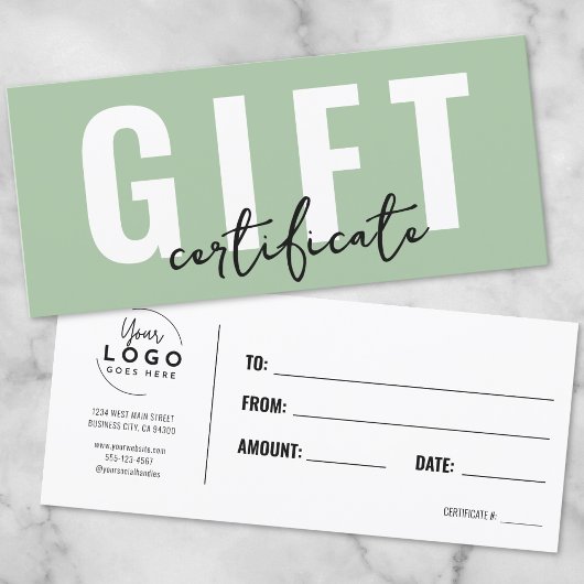 Carte Bon de certificat cadeau vert Logo