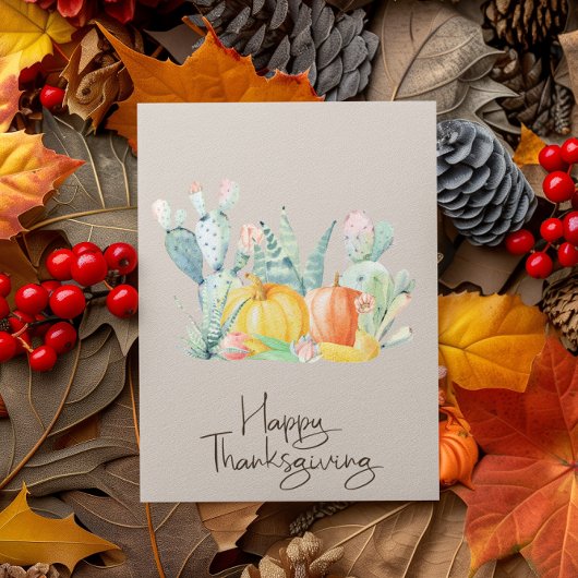 Carte Bon thanksgiving aquarelle Citrouille Cactus