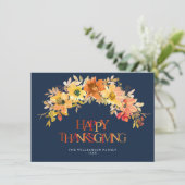 Carte bon thanksgiving bleu marine de fleurs de automne (Debout devant)