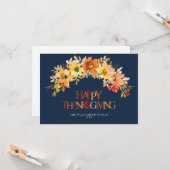 Carte bon thanksgiving bleu marine de fleurs de automne (Devant/Arrière en situation)