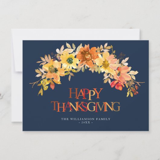 Carte bon thanksgiving bleu marine de fleurs de automne (Devant)