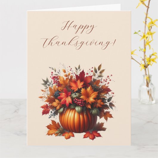 Carte Bon thanksgiving-Citrouille avec feuilles d'automn (Fleur jaune)