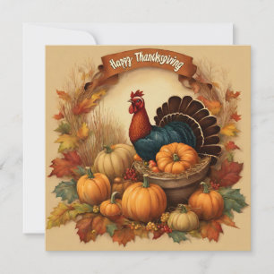 Carte Bon thanksgiving Turquie Vintage avec Citrouilles