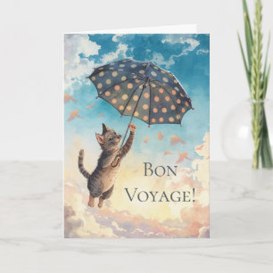 Carte Bon Voyage Chat et Parapluie Volant dans les Airs