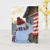 Carte Bonhomme de neige de Noël saluant un drapeau améri (Fleur jaune)