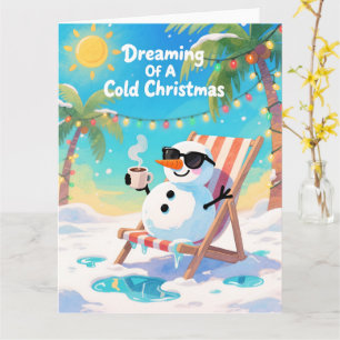 Carte Bonhomme de neige drôle plage Noël rêvant d'un fro