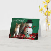 Carte Bonhomme de neige et deux chatons mignons (Fleur jaune)