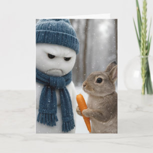Carte Bonhomme de neige grincheux de Noël avec un lapin