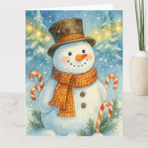 Carte Bonhomme de neige joyeux dans une forêt de pins
