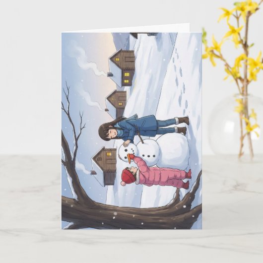 Carte Bonhomme de neige près des cabanes (Fleur jaune)