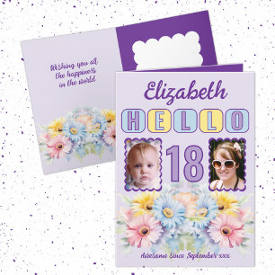 Carte Bonjour 18 anniversaire nom 2 photo floral violet