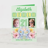 Carte Bonjour 21 anniversaire nom 2 photo floral vert (Devant)