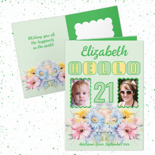 Carte Bonjour 21 anniversaire nom 2 photo floral vert