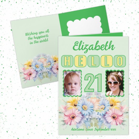 Carte Bonjour 21 anniversaire nom 2 photo floral vert