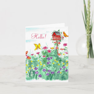 Carte Bonjour ami Red Birdhouse Butterfly Flower