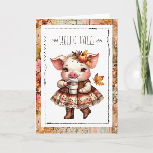 Carte Bonjour Automne Adorable Cochon de Ferme (Devant)