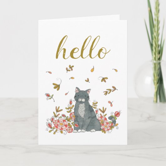 Carte Bonjour Chat et Fleurs Illustré Pensée de vous (Devant)