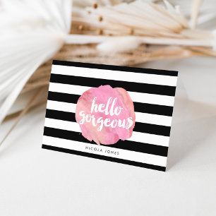 Carte Bonjour Magnifique Bande Noire & Aquarelle Rose