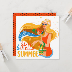 Carte Bonjour Summer Beach Girl Greeting Card