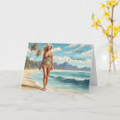 Carte Bonjour Summer Retro Lady Walking sur la plage (Fleur jaune)