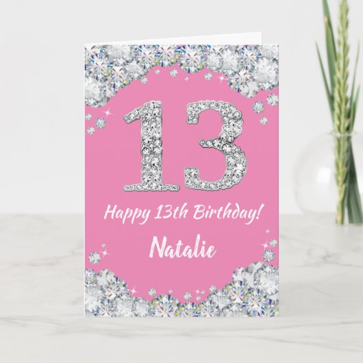 Carte Bonne 13e anniversaire Pink and Silver Parties sci (Devant)