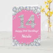 Carte Bonne 14e anniversaire Pink and Silver Parties sci (Fleur jaune)