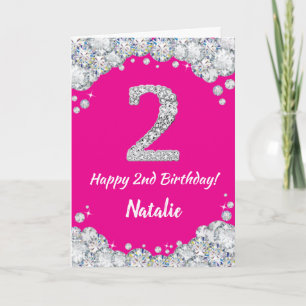 Carte Bonne 2e anniversaire Hot rose et Parties scintill