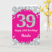Carte Bonne 39e anniversaire Hot rose et Parties scintil (Fleur jaune)