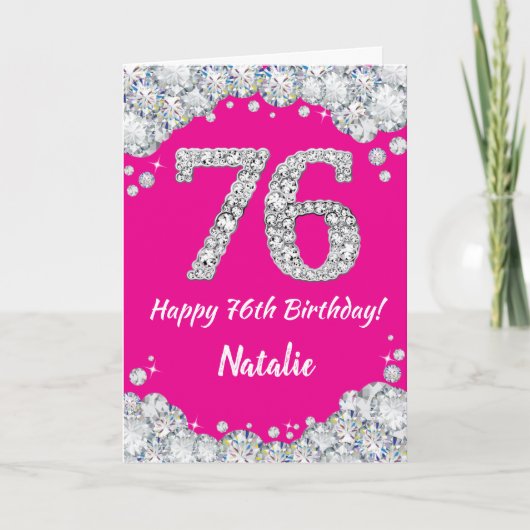 Carte Bonne 76e anniversaire Hot rose et Parties scintil (Devant)