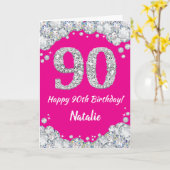 Carte Bonne 90e anniversaire Hot rose et Parties scintil (Fleur jaune)
