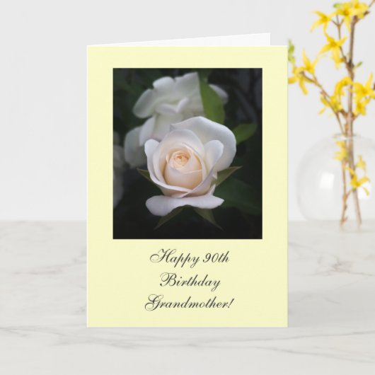 Carte Bonne 90e Anniversaire rose blanche (Fleur jaune)