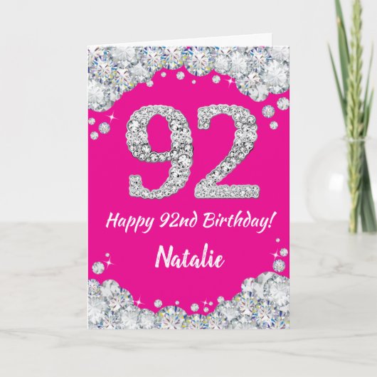 Carte Bonne 92e anniversaire Hot rose et Parties scintil (Devant)