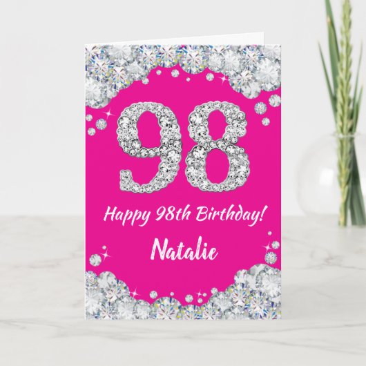 Carte Bonne 98e anniversaire Hot rose et Parties scintil (Devant)