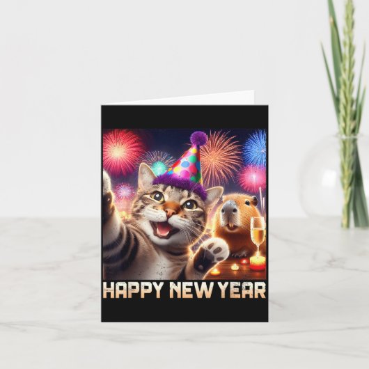 Carte Bonne année 2026 Art de fête de chat mignon capyba (Devant)
