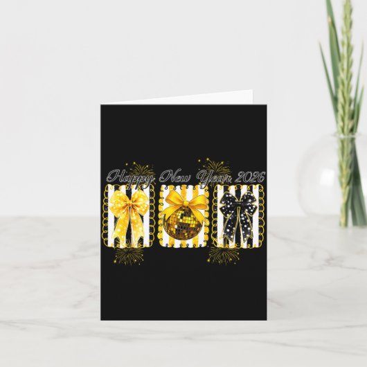 Carte Bonne année 2026 Boule de disco Or Coquette Nœud F (Devant)