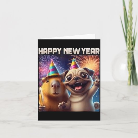 Carte Bonne année 2026 Capybara Pug Party Art  (Devant)